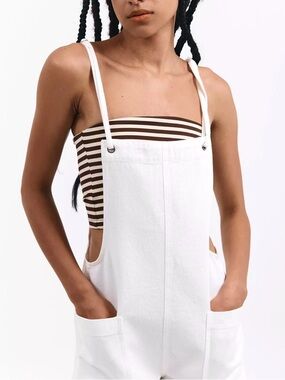 aerie White Denim Short Overalls